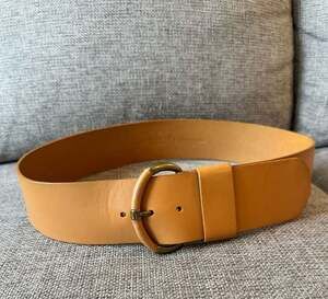 Talbots Tan Wide Leather Belt with Round Gold Tone Buckle Size M